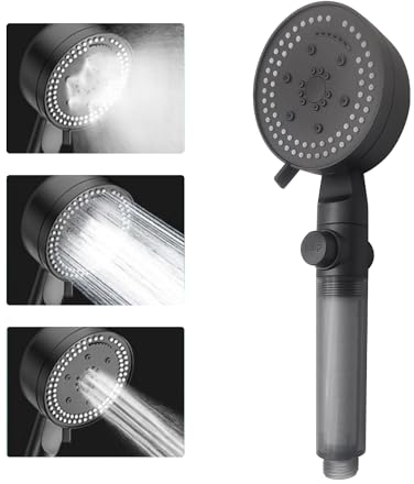 AUSYIWI Ducha de alta presión con soporte y flexo de ducha de 1.5M, rociador con función de chorro, burbujas y lluvia - Cambio rápido de velocidad - Resistente a la presión e impermeable (negro)