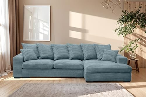 Kaiser Möbel - Ecksofa mit Schlaffunktion und Bettkasten, Wohnlandschaft L-Form, Schlafsofa, Klappsofa, Bequemes Couch mit Ottomane für Wohnzimmer, Relaxsofa, Zoom Stoff, Gabon, Hellblau, Rechts