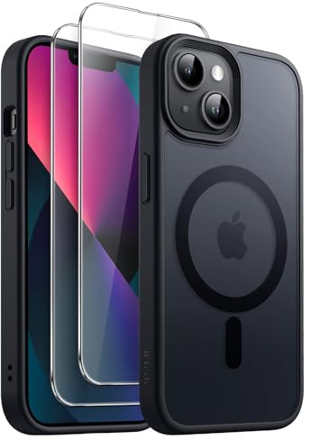 JETech 3-in-1 Matte Magnetische Hülle für iPhone 13 mini, Schwarz | Kompatibel mit MagSafe, 2 Gehärtete Glas Schutzfolien, Matte Transluzent Rückseite, Stoßschutz