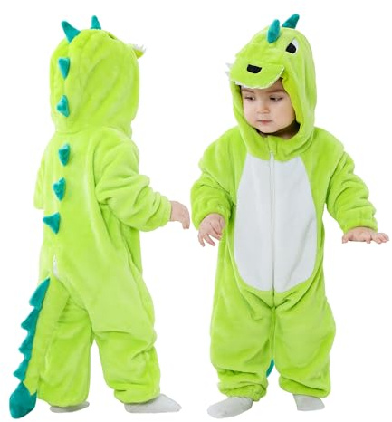 Doladola Kattdräkt för barn, babydräkt för karneval och halloween, djuroverall för flickor och pojkar, Grön dinosaurie, 2-2.5 År
