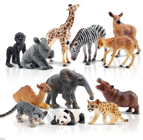 toymany 12PCS Forest Animals Baby Figurines, Realistic Woodland Animals Figures Toys Includes Elephant, Mountain Lion, Giraffe and Deer Cubs, Cake Toppers Christmas Birthday Gift for Kids Toddlers