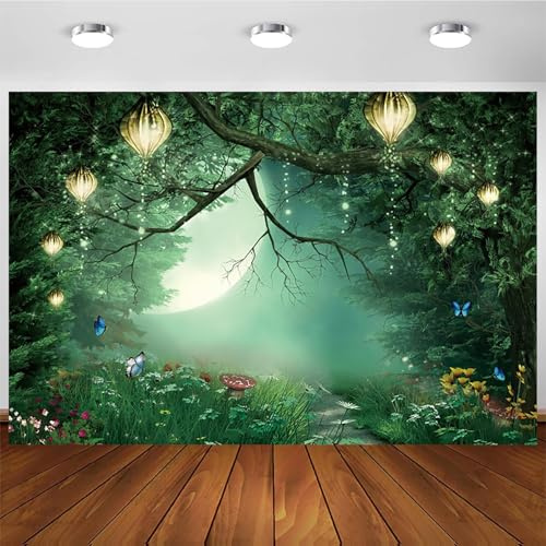 Hnmdmyi 2.1x1.5m Fotohintergrund Zauberwald Pilz Wunderland Grüner Baum Schmetterling Fotografie Hintergrund Baby Shower Fotoshooting Kinder Geburtstag Party Dekorationen Banner Photo Booth Requisiten
