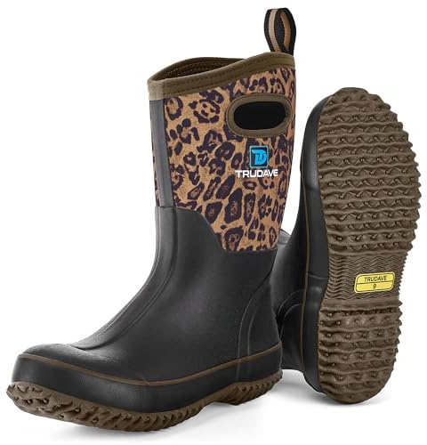 Trudave Rubber Boots for Women, Mid Calf Rain Boots, Womens Waterproof Boots, Neoprene Insulated Outdoor Work Mud Boots for Hunting Farming Gardening Fishing, Leopard Print, Size 5
