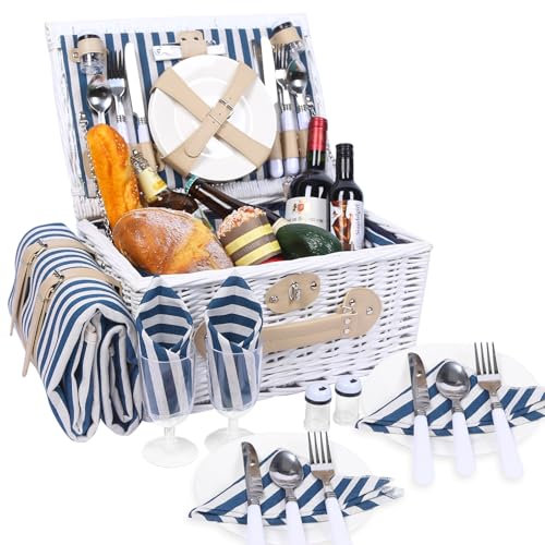 HYBDAMAI Picknickkorb Set für 4 Person mit Kühlfach und wasserdichte Picknickdecke, Abnehmbarer Riemen, Weinbeutel, Besteck Set, für Camping, Strand, Wandern, BBQ und Familie/Paare Geschenke, Zubehör