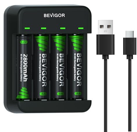 BEVIGOR 4 x 2800mAh AA Rechargeable Batteries with 4-Bay LED Smart Charger Set, Type C Fast Charging for Ni-MH/Ni-CD Rechargeable Batteries