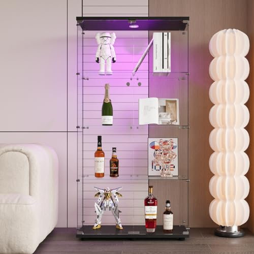 BLSYHDH Glasvitrine Standvitrine, Schrank für Sammlung mit LED, mit 2 Türen 4 Einlegeböden transparent Möbel Vitrine Glas Vitrine Figur Glasvitrine Wohnzimmer Bar (4 Etagen, 2 Türen + LED, schwarz)