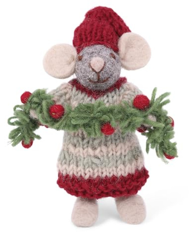 Én Gry & Sif Maus Weihnachtsmaus mit Ornament - Anhänger aus Filz, Weihnachten-Deko - 1 Stück (Graue Maus mit Girlande)