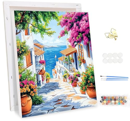 MEIYUDA Peinture par Numero Adulte avec Cadre Vue Mer Fleurs, DIY Peinture Acrylique pour Adultes Débutants Facile sur Toile Avec Peintures et Pinceaux Decoration Maison 30x40cm(Boîte cadeau)