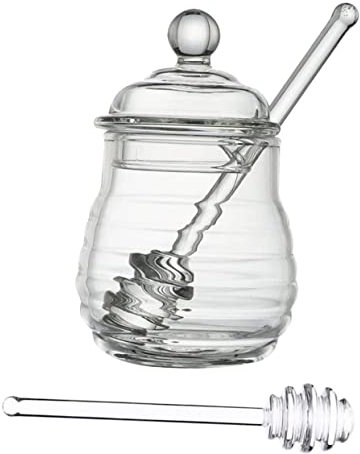 FELTECHELECTR 1set Glass Honey Pot with Lid and Dipper Kitchen Storage Container for Honey Jam and Seasonings Sturdy and Moisture Food Storage