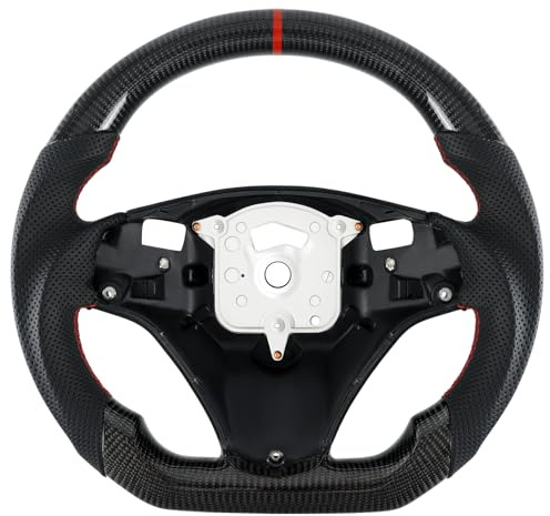 Acclcors Volant en fibre de carbone véritable fait à la main avec fond plat et poignée en cuir perforé pour BMW M Sport 1/3 Series M3 E88 E90 E91 E92 E93 2005-2012