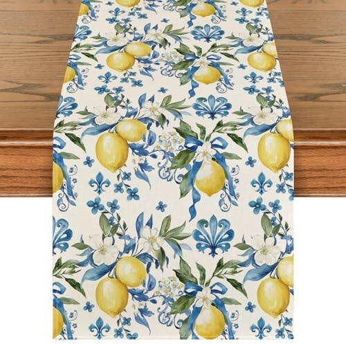 Artoid Mode Chemin de table d'été bleu citron - Décoration saisonnière de cuisine, table à manger en intérieur, vacances, fête - 40 x 100 cm