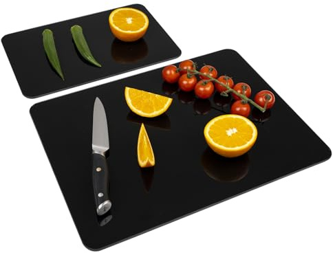 Tempered Glass Cutting Board for Kitchen, Clear Glass Cutting Board with Rubber Feet and Rounded Corners, Dishwasher Safe, Easy to Clean, Heat and Scratch Resistant-12x8 & 12x16 inch, 2Pcs, Black