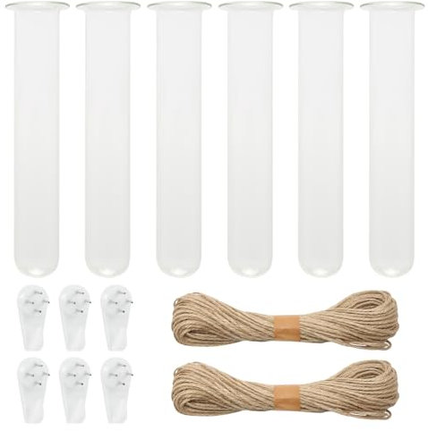 Lot de 6 Tube à Essai Suspendus pour Fleurs, Vase à Fleurs en Verre avec Crochets et Ficelles, Vase Tube à Essai pour Plantes Hydroponiques, Décoration Maison, 15 x 2,5cm
