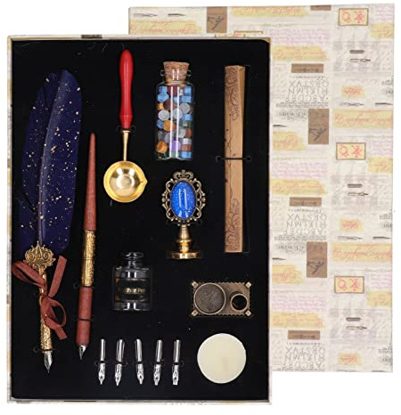 Baxnore Vintage Feather Pen Set, Kalligraphie Quill Stift mit 5 Edelstahlnibs, Wachsversiegelungskit -Buchstabenpapier, Schreibset für Hochzeitseinladungen (MarineBlau)