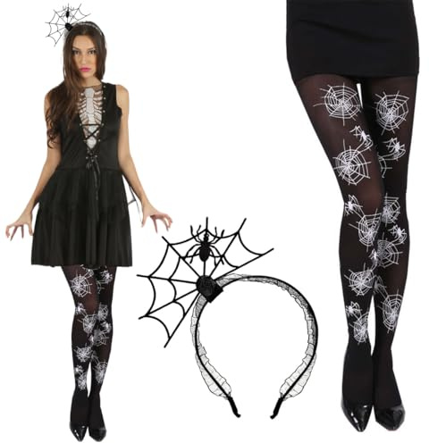WUSJCOF 2 Stück Halloween Spinnenkostüm Damen Set, Spinnenweben strumpfhose, Spinnennetz strü Zubehör Set, Spinnen Gesichtstattoos, Fledermaus kostüm Damen, Fledermaus Masken Halloween Karneval Kostüm