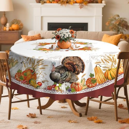Arquiel Herbst Truthahn Polyester Tischdecke Rund Ø 180 cm Waschbar | Waschbare Polyester-Tischdecke mit Truthahn-Motiv, wasserabweisend und pflegeleicht für Küche, Esszimmer, Feste und Feiern.