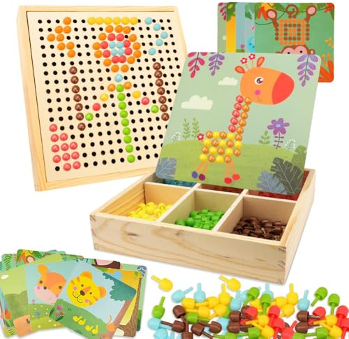 RANJIMA Mosaik Steckspiel für Kinder, Spielzeug ab 2 3 4 5 Jahre Holz Mosaik Bastelset Kinder Pegboard Gabelungen mit Steckperlen 3D Geschenke für Jungen Mädchen Weihnachten, Waldtiere