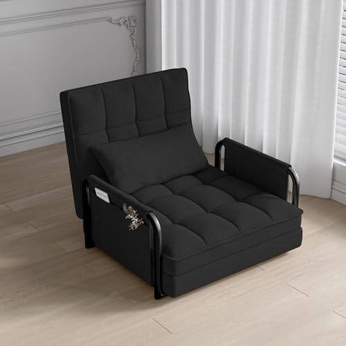 BSMGSGN Poltrona Letto Singolo 3 in 1 con Schienale Regolabile a 5 Posizioni, Divano Letto Pieghevole in Tessuto Peluche con Braccioli e Tasche (Nero, A)