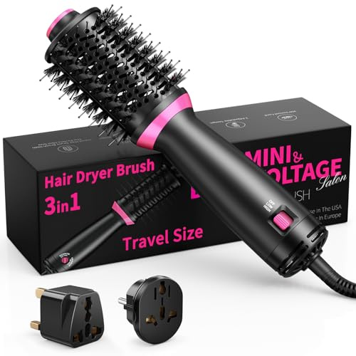 3en1 Cepillo Secador de Pelo, Doble Voltaje, Iones Negativos, Cepillo Secador de un Solo Paso,2 Temperaturas y 2 Adaptadores,Cepillo de Aire Caliente para Secar Volumen al Cabello (Negro)