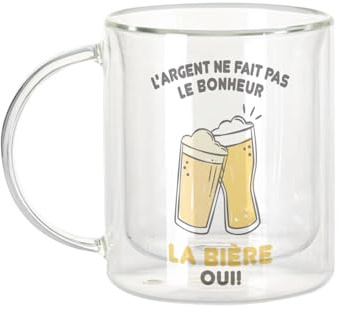 Fabulous Mug Verre Double Paroi - Bière - L'argent ne Fait Pas le Bonheur Alcool Fête Tasse a Cafe et The Isotherme 330ml Effet Suspendu Anti-Brulure Imprime en France