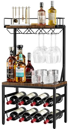 Nuovoware Licorera de 3 Niveles con Estante para Vino, Licorera Independiente 8 Botellas para Bar, Estantería Vino Independiente de Pie con Tablero y 8 Soportes Copas, Marrón Retro+Negro