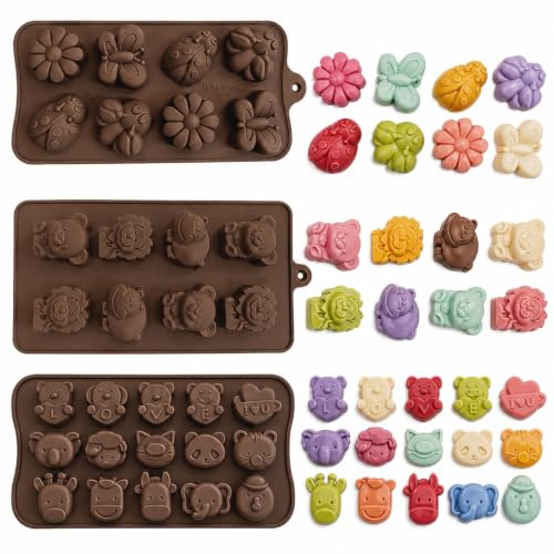yolzhxe 3 Stück Schokoladenform Silikon, 3D Pralinenform Silikonformen | Insekten, Tiere, Blumen, Teddybären Form, Mini Antihaft Silikonformen für DIY Schokolade, Fondant, Eiswürfel, Backen & Deko