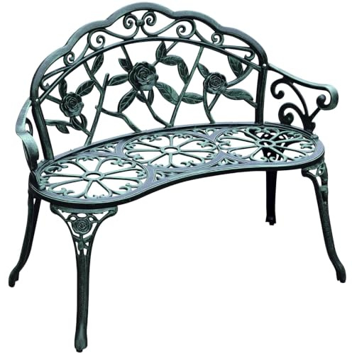 Outsunny Banc de Jardin 2 Places Style Néo-Rétro Motif Rose Vert Vieilli | Banc en Fonte Biplace, Lignes Fuselées, Assise en Fonte d'Aluminium, 100 x 54 x 78 cm