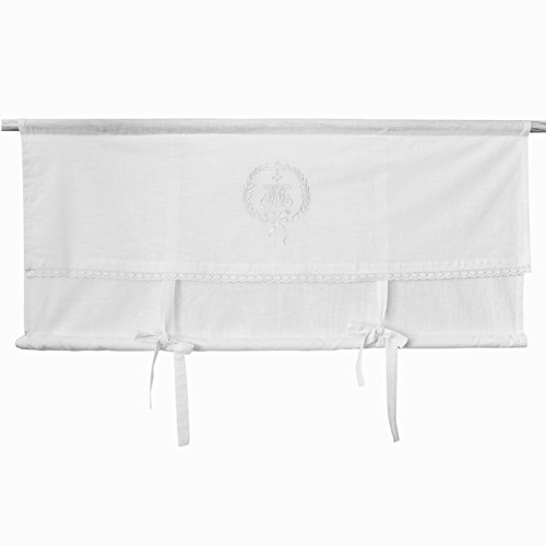 Scheibengardine Raff Gardine Raffrollo Vorhang 'Emmy' 160 x 100 cm (BxH) bestickt mit Spitze und Monogramm weiß Baumwolle Landhaus Shabby French Vintage Retro Antik Nostalgie