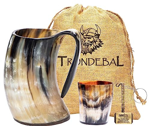 Trondebal Viking Drinking Horn Mug, 15-20 Oz Natural Ox Horn Cup & Cofee Stein | Cool Unique Gift for Men and Women, Home Decor Accessories | Shot Glasses for Beer, Ale, Whiskey, Mead
