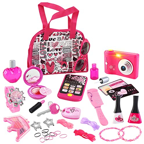 deAO Ensemble Sac à Main Princesse Rose avec Accessoires pour Enfants - Jouet de Rôle pour Filles 3+ Ans avec Faux Maquillage, Appareil Photo Interactif, Téléphone Jouet - Cadeau Anniversaire