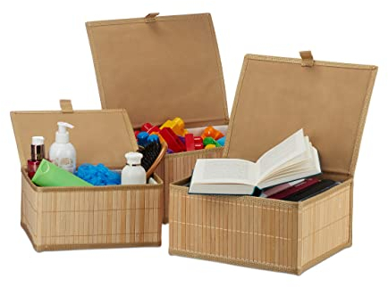 Relaxdays 10024308_126 Aufbewahrungskorb 3er Set, mit Deckel & Stoffeinsatz, Bambuskorb, dekorative Aufbewahrungsbox, 3 Größen, natur, Naturfarben