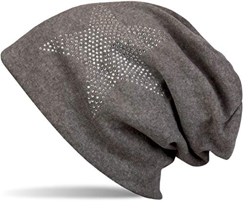 styleBREAKER Beanie Strass Stern Baumwollmix warm 59cm | Slouch Design. Glitzer Applikation. Bundweite 26cm. Höhe 26cm. elastisch. weiche Haptik. warme Qualität. Einheitsgröße.