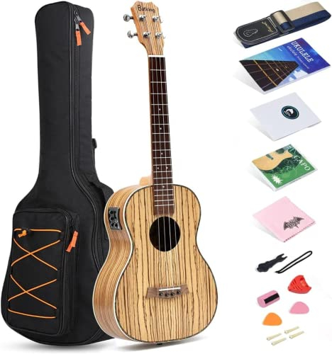 Bariton Ukulele 30 Zoll Satin Zebrawood Akustik Ukelele mit verstellbarem Halsstab mit Gigbag, Riemen, Nylon-Ersatzschnur, eingebautem Vorverstärker und Tuner Uku