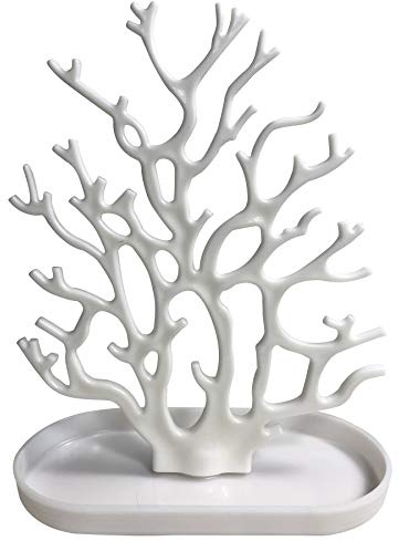 NewFerU Coral Tree Jewelry Hanging Stand Display Table Top Necklace Bracelet Holder Earring Hanger Organizer Rack Tower with a Ring Watch Dish Tray for Women Girls (White)