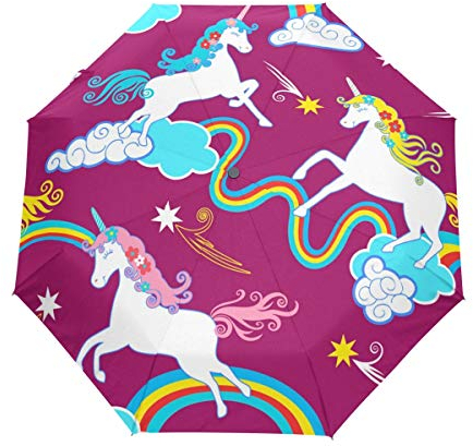 Regenbogen Einhorn Pferd Regenschirm Taschenschirm Automatische Reise Winddichte Sonnenschutz Trekkingschirm Wanderregenschirm für Frauen Männer