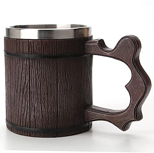 Wood Grain Stainless Steel Resin 3D Beer Mug Goblet Game Tankard Coffee Cup Wine Glass Mugs(450ML)