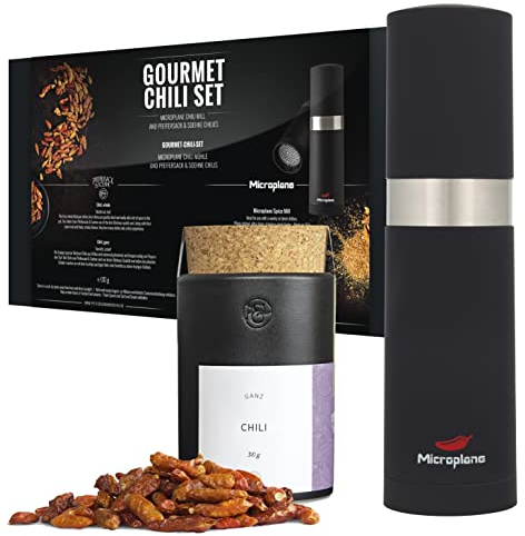 Microplane Macinino peperoncino in set con peperoncino essiccato Birds Eye in una confezione regalo