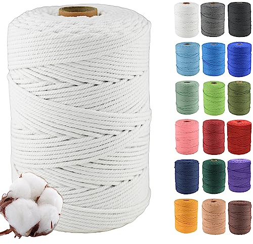4 mm x 300 m Cordón de algodón macramé Suave, 4 hebras retorcidas 100% algodón Natural para suspensión de Pared, Bricolaje, artesanía, Punto, proyectos de decoración, Blanco