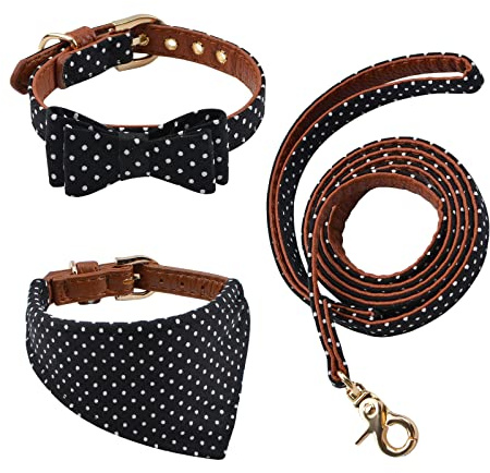 HACRAHO Hundehalsband mit Fliege und Leine, 3-teilig, verstellbar, für Welpen, Bandana, verstellbar, Leder, Haustier-Bandana, Leine, Fliege Halsband für kleine bis mittelgroße Hunde