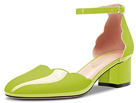 NobleOnly Mujer Ancho Bajos Cerrado el Dedo del pie Redonda Punta Correa Tobillo Pumps Cierre con Hebilla de Boda Oficina Fiesta Sandalias 5 CM Heels Verde Lima 43 EU