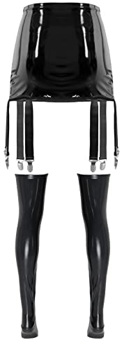 dPois Damen Strumpfhalter mit Strümpfen Lack Leder Strapsen Dessous Set Strapsgürtel Breit Oberschenkel Hohe Strümpfe Sexy Unterwäsche Schwarz M