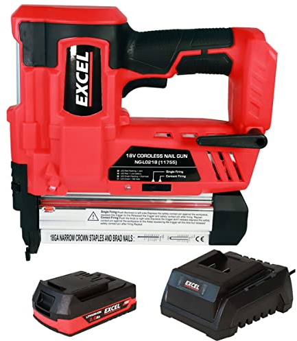 Excel EXL592B 18V Cordless 2nd Fix Nailer with 1 x 2.0Ah Battery Charger- Firing Speed 60Nails/min - 18ga Staple Size - LED Worklight - Depth Adjustment Wheel
