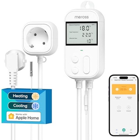 Meross Inteligente Enchufe de Digital Termostato con Sonda, 2,4GHz WiFi Controlador de Temperatura Enchufe Termostato 16A 3840W, Compatible con Apple HomeKit, Alexa y Google Home