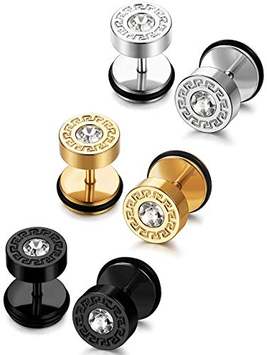JeryWe 3Paare Ohrringe Ohrstecker Set Herren Damen Edelstahl Runde CZ Schraub Ohrringe Barbell Ohrstecker Fake Plugs Ohr Tunnel Piercing Ohrschmuck Silber Gold Schwarz