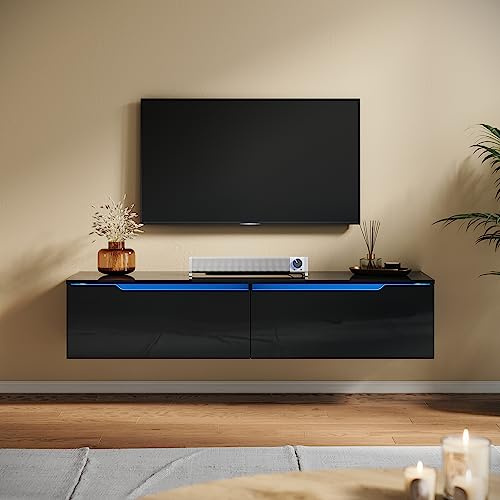 SUNXURY Meuble TV suspendu avec éclairage LED 12 couleurs - Meuble TV avec portes et rabat - 140 x 35 x 30 cm - Bois