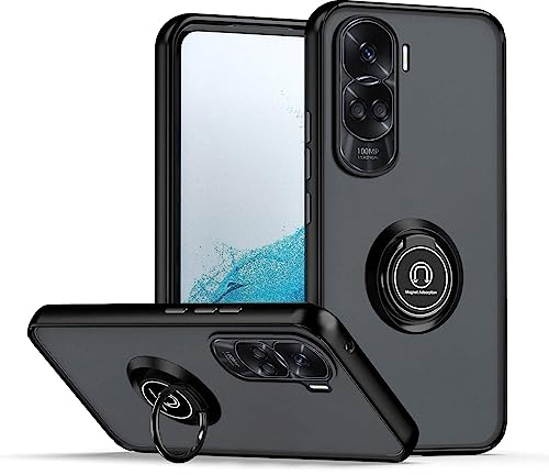 BORYA Shockproof Case for Honor 90 Lite 5G, Premium Translucent Frosted PC+TPU Bumper Silky Ultra Thin Matte Silicone Ring Magnetic Car Kickstand Cover, Black