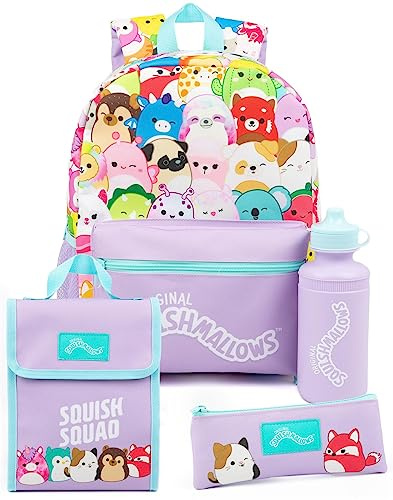 Squishmallows Backpack for Girls | Purple Animal Plushies Characters 4 piece Kids School Bag Logo Water Bottle | Plush Teddy Merchandise Gifts