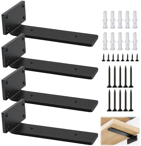 LOLYSIC 4 Pack Shelf Brackets, 200mm 8 Inch Heavy Duty Scaffold Board Shelf Bracket, 5mm Thick Cast Iron Floating Shelf Bracket Supports Wall Brackets for Shelves, Black