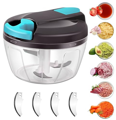 Domkan Cortador de cebolla de 520 ml, cortador de cebolla manual con 3 cuchillas de acero inoxidable, 5 cuchillas extra y 1 batidora