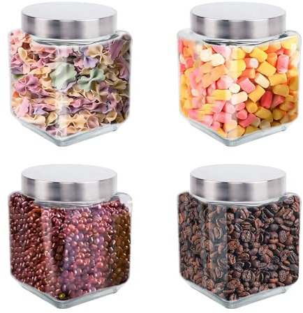 Barattoli di vetro quadrati, confezione da 4 barattoli di vetro per alimenti, con coperchio in metallo, barattoli di vetro ermetici da 1050 ml, barattoli di vetro da cucina, barattoli di vetro per